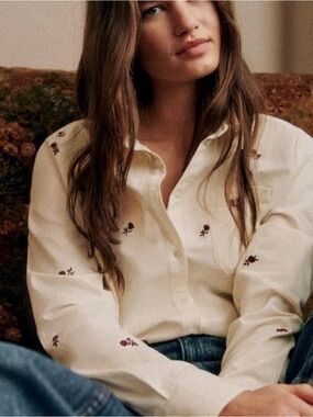 Sezane Tomboy Embroidered Button-Down Shirt in Ecru Roses Cotton FR34/US2